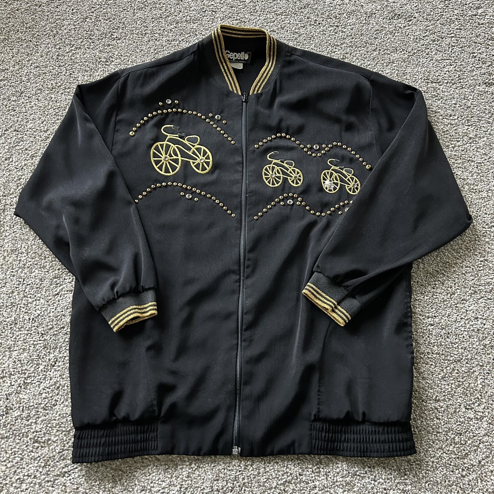 Gepetto Jacket Womens Medium Black Bomber Full Zip Rhinestone Studded Bicycle